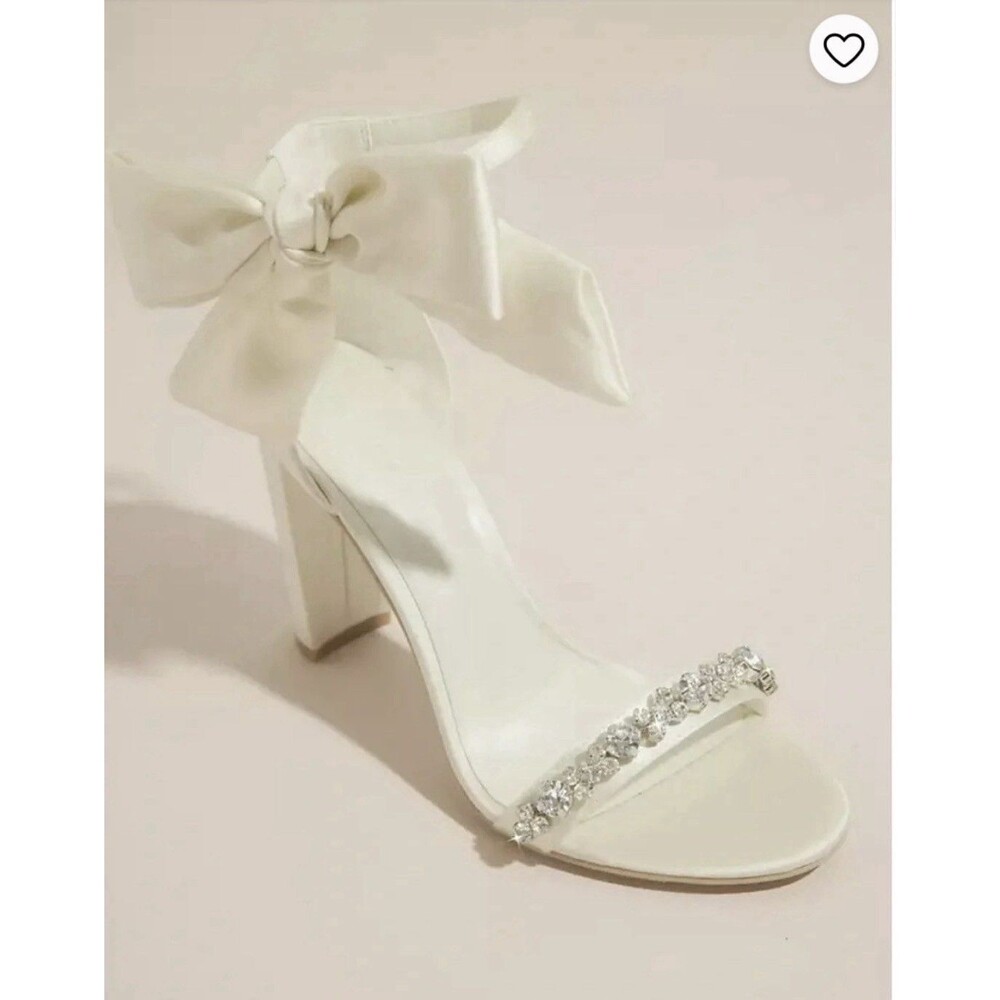 Oleg Cassini Ivory Satin Shoes-Block Heel-Bow-Crystal Strap-Box-7.5